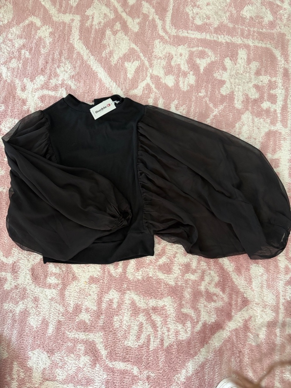 Buckle Black Sheer Balloon Sleeve Blouse